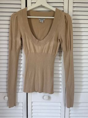 Vintage y2k Guess Scoop Neck Ribbed Long Sleeve Top in Beige